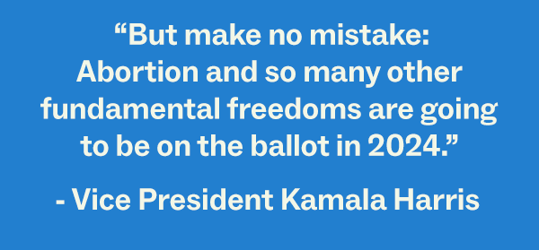 "But make no mistake: Abortion and so many other fundamental freedoms are going to be on the ballot in 2024." - Vice President Kamala Harris